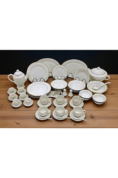 Al Nokhba 70 Pcs New Bone China Dinner Set with Gold Rim, bring an elegant sense of style to dining room,White