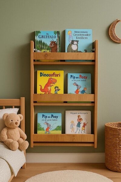 Industrial Living Çocuk Odası Duvar Kitaplığı–3Katlı Ceviz Renkli MDF Dekoratif Duvara Monte Kitaplık