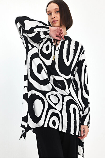 bacc Women's Black and White Geometric Patterned Trousers and Long Tunic Bottom Top Set Bcvl- 241017