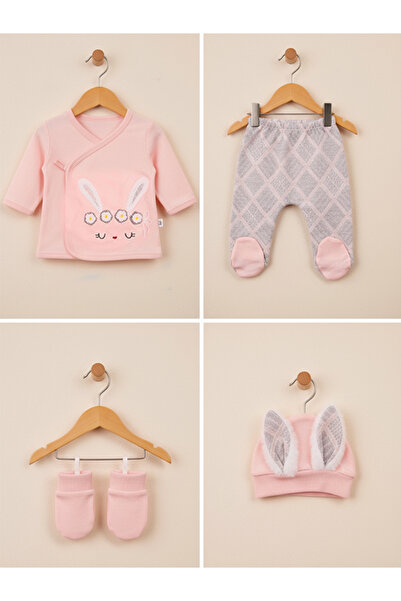 Babyim Peluş Tavşan Kulaklı Papatya Nakışlı Pembe 5'li Kız Yenidoğan Takım