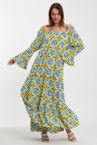 bacc Yellow Blue Patterned - Off-Shoulder Comfortable Cut Woven Dress Bcvl-242251