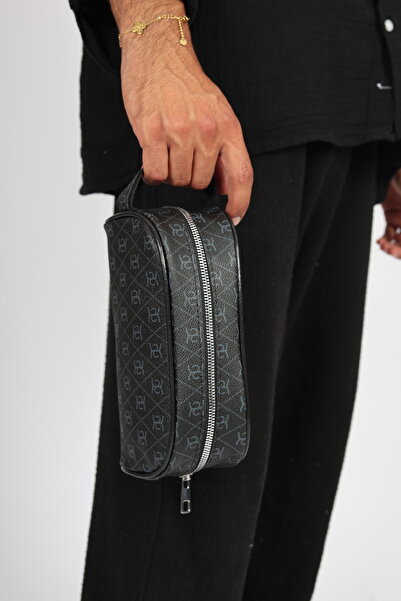 çantaevim Black Patterned Unisex Water Resistant Shaving & Cosmetic Portfolio & Clutch Handbag