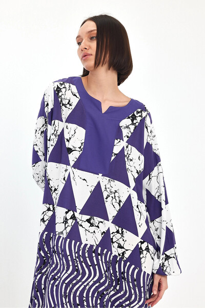 bacc Navy Blue Geometric Patterned Women's Dress - Loose Fit, Crew Neck, Long Length Bcvl-241058