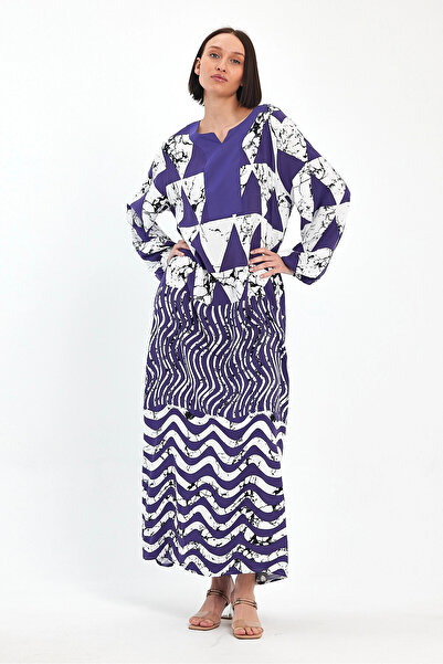 bacc Γυναικείο φόρεμα Navy Blue με γεωμετρικό σχέδιο - Φαρδιά εφαρμογή, λαιμόκοψη, μακρύ Bcvl- 241058