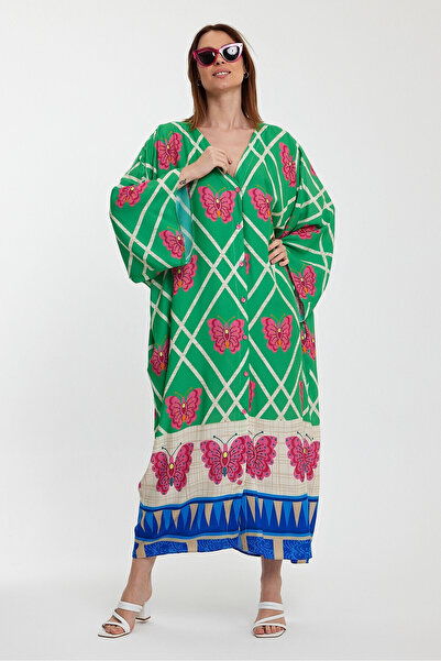 bacc Πράσινο φλοράλ μακρύ πουκάμισο με λαιμόκοψη V - Bcvl- 241032