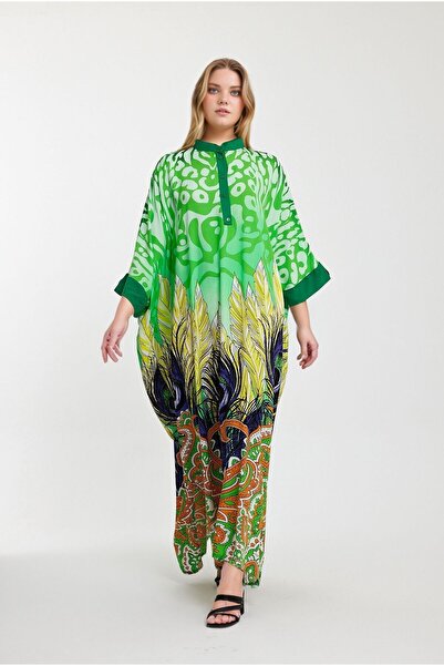 bacc Green Patterned High Collar Buttoned Long Women's Dress - Bcvl-241037