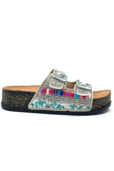 Kocamanlar Ayakkabı Feles Double Buckle Cork Sole Stone Detailed Women's Slippers Silver