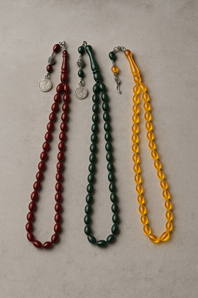 TREND COLLECTİON Drop Cut 3-Piece Gift Men's Prayer Beads Set Red Green Yellow