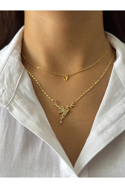 Giden Aksesuar Dalda Kelebek Tasarımlı İkili Kolye Paslanmaz Çelik