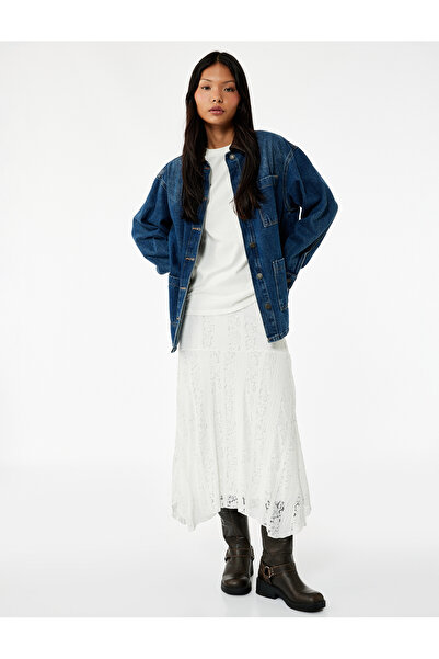 Koton Asymmetrical High Waist Cotton Blend Lace Midi Skirt