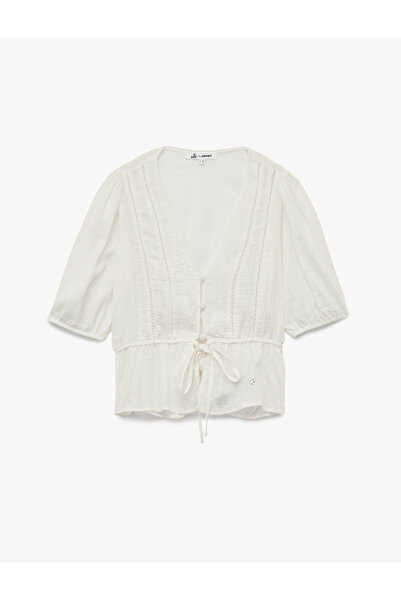 Koton V-Neck Viscose Blended Short Balloon Sleeve Embroidery Tie-Up Detail Blouse