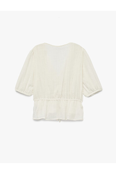 Koton V-Neck Viscose Blended Short Balloon Sleeve Embroidery Tie-Up Detail Blouse