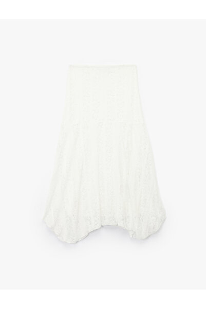 Koton Asymmetrical High Waist Cotton Blend Lace Midi Skirt