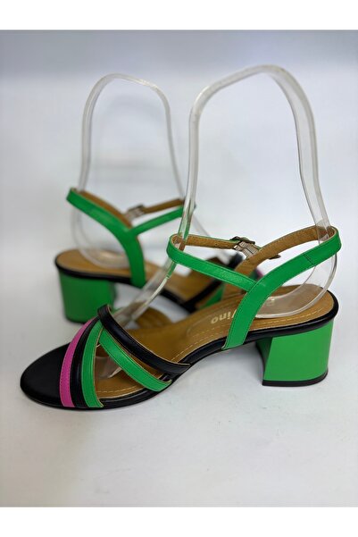 Mira Deri Genuine Leather 6 cm Heel Pink-Black-Green Strapped Women's Shoes