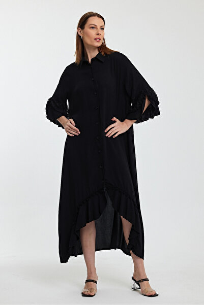 bacc Women's Black Judge Collar Guipure Detailed Long Length Woven Shirt Dress Bcvl-24S50