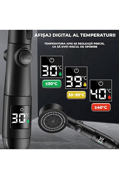 miraza Cap de duș cu afișaj digital de înaltă presiune, cu furtun și suport incluse, negru