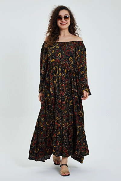 bacc Χακί γυναικείο φόρεμα - Off Shoulder, στάμπα, χαλαρή εφαρμογή, μακρύ μήκος - Bcvl- 242251 -1