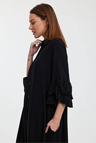 bacc Women's Black Judge Collar Guipure Detailed Long Length Woven Shirt Dress Bcvl-24S50