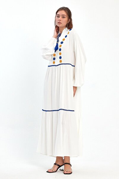 bacc Maxi Size White Embroidery Embroidered Long Viscon Woven Dress Bcvl-251004