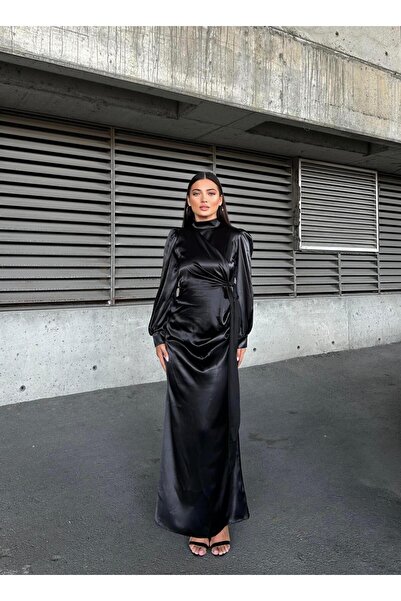 Suedcollection Βραδινό Σατέν Φόρεμα με Πλαϊνή Πέτα Μαύρο 583236