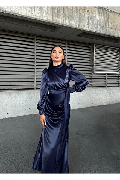 Suedcollection Βραδινό Σατέν Φόρεμα με Πλαϊνή Πέτα Λεπτομέρεια Σκούρο Μπλε 583236