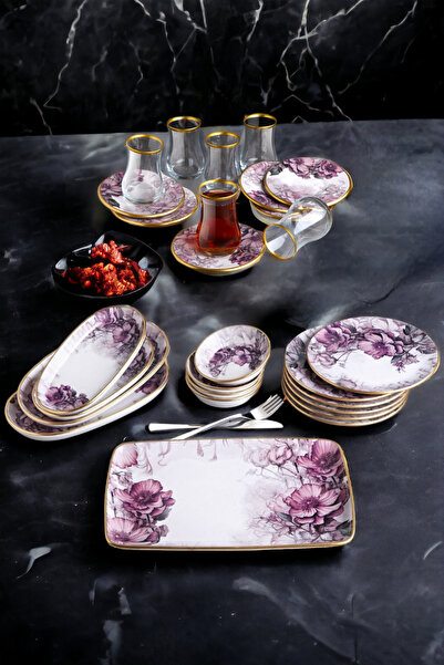 Pinkev 27 Piece Ceramic Breakfast Plate Set with Tea Cups