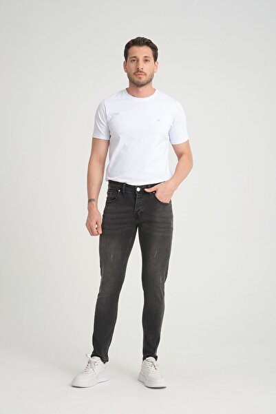 OneZero Erkek Skinny Fit  Füme Düğmeli Destroy Tırnaklı Jeans