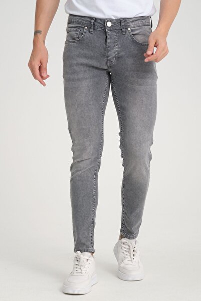 OneZero Men's Gray Skinny Fit Dark Snow Wash Buttoned Trousers