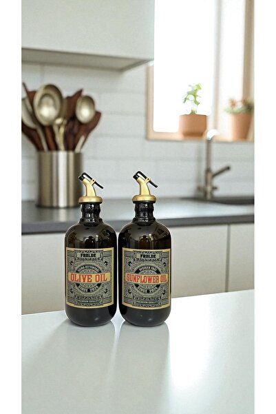 Frolde 2’li Amber Gold Altın Tıpalı 500 ml Cam Ayçiçek Yağı, Zeytinyağı Şişesi Yağdanlık Yağlık