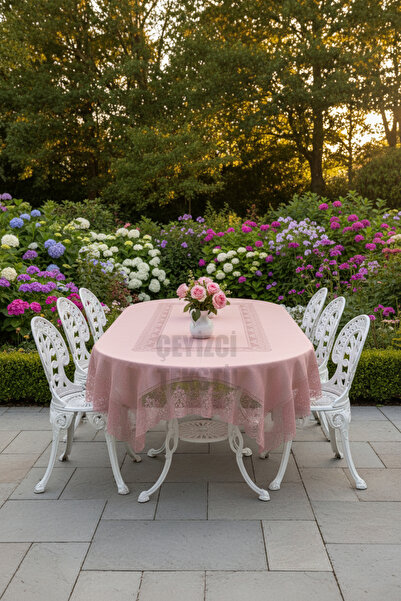 Çt Çeyizci Tekstil Çini Desenli Dertsiz Leke Tutmaz Dantelli Masa Örtüsü Pudra 160x220 Cm