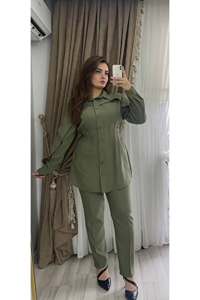 Sara Deluxe Zümrüt Belden Kuşaklı Tunik Pantolon Takım