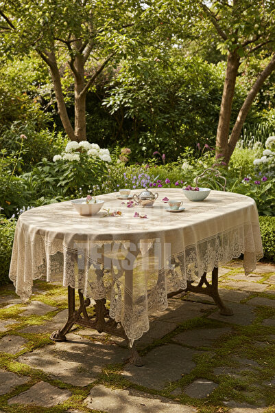 Çt Çeyizci Tekstil Tile Patterned Carefree Stain Resistant Lace Tablecloth Brown 160X220 cm