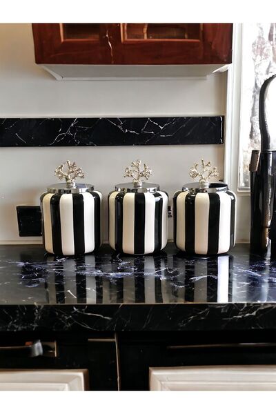 ferayhome Baharatlık Seramik Set 3 lü Siyah Dik Çizgi Gümüş Kapak 1.4 Litre ( Kahve,Çay,Şeker ) Feray Home
