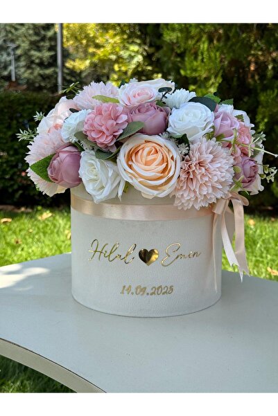 FilizKonuk Kadife Kaplı Kutuda Karışık Yapay Çiçek - Kız İsteme Çiçeği, Nişan Söz gülkurusu gül şakayık