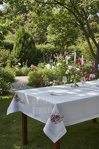 Çt Çeyizci Tekstil Table Cloth, Digital Printed Cross Stitch Single Table Cloth, Patterned Stain Resistant 120X160Cm Table Cloth
