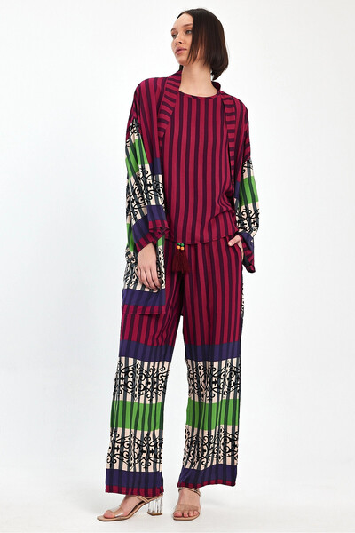 bacc Maxi Size Plum Printed Kimono and Trousers Woven Viscon Bottom Top Set Bcvl-251042