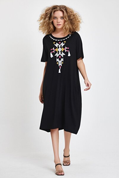 bacc Rochie de damă maxi lungime, alb-negru, brodată, tricotată, din viscoză ...