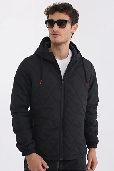 D1fference Erkek Siyah Kolej Yaka Rüzgar Geçirmez Kapitone Desenli Elyaflı Dolgulu Mont