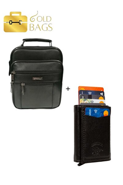 GOLDBAGS Men's Black Genuine Leather Phone Bag and Mechanically Operated Card...