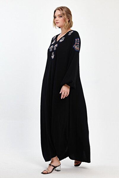 bacc Γυναικείο φόρεμα μάξι με μαύρο κέντημα υφαντό βισκόζη Bcvl-251044