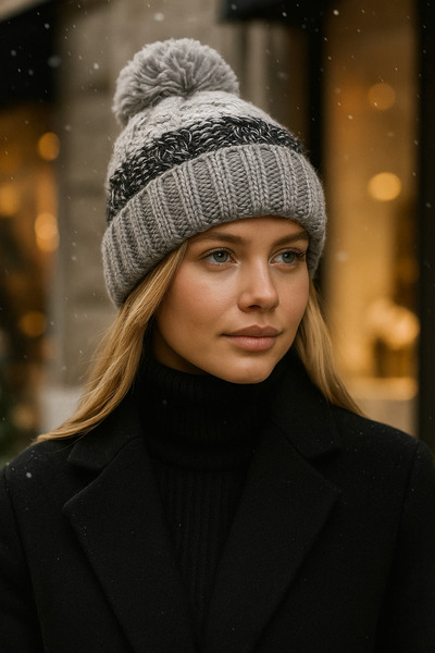 Luminos Butik Сіра в'язана шапка з візерунком і резинкою - з обробкою по краях, товста зимова шапка1129