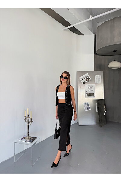 BEJNA Fusta lungă elastică cu fante din piele artificială neagră pentru femei