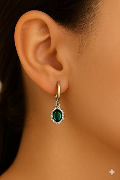 Pinkimaj أقراط فضية اللون من الزركون الزمردي البيضاوي من الفولاذ