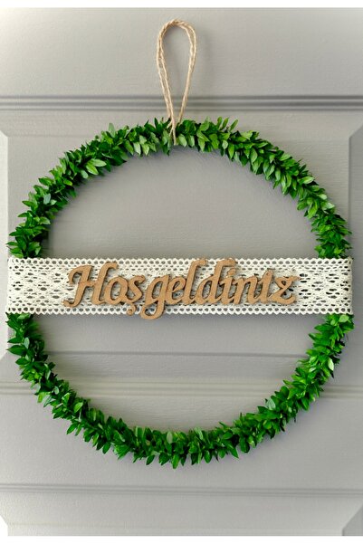 MACROMEKİDS El Yapımı 25 cm Hoşgeldiniz Kapı Süsü – Yapay Yeşil Çelenk, Dantel Detaylı Dekoratif Kapı Aksesuarı