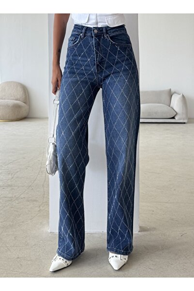 Swet Shop Jeans Жіночі джинси з високою талією, вінтажний дизайн, блискучі камені, спеціальний дизайн, еластичний матеріал, палаццо, денім