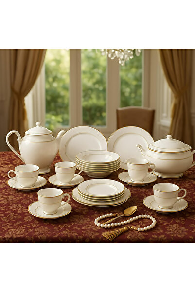 Al Nokhba 70 Pieces Dinnerware Set, White New Bone China Kitchen Dining Serving Dinner Set with Gold Rim