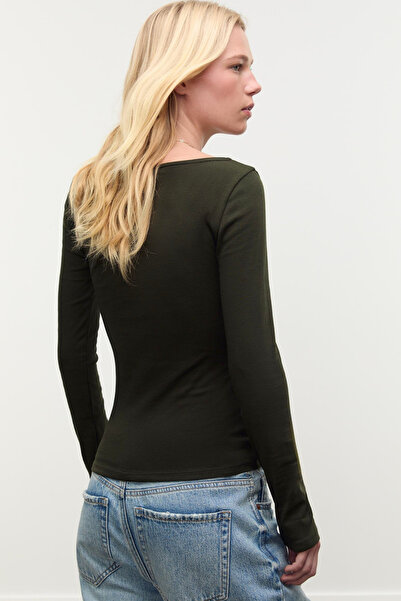 VODENS Μπλούζα με μακριά μανίκια από 100% βαμβάκι με λεπτομέρεια χακί κορδόνι