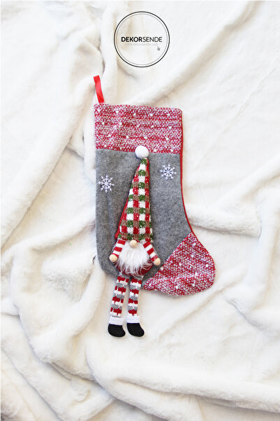Dekorsende Christmas Ornament Plaid Hat Santa Claus Socks Gray 60 cm