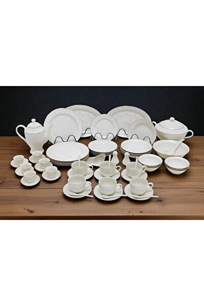 Al Nokhba 70 Pieces Dinnerware Set, White New Bone China Kitchen Dining Serving Dinner Set with Gold Rim