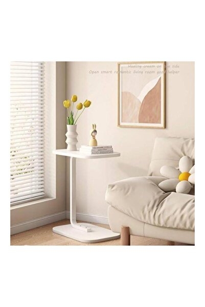 Crestj Modern Coffee Table | C-Shaped Side Table with White Wood Top and White Metal Frame